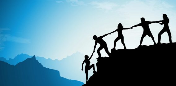 Illustration of people holding hands and climbing
